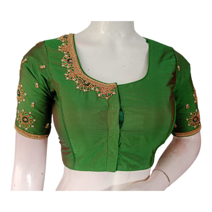Handcrafted Dark Olive Netted Aari Pearl High Neck Wedding Blouse
