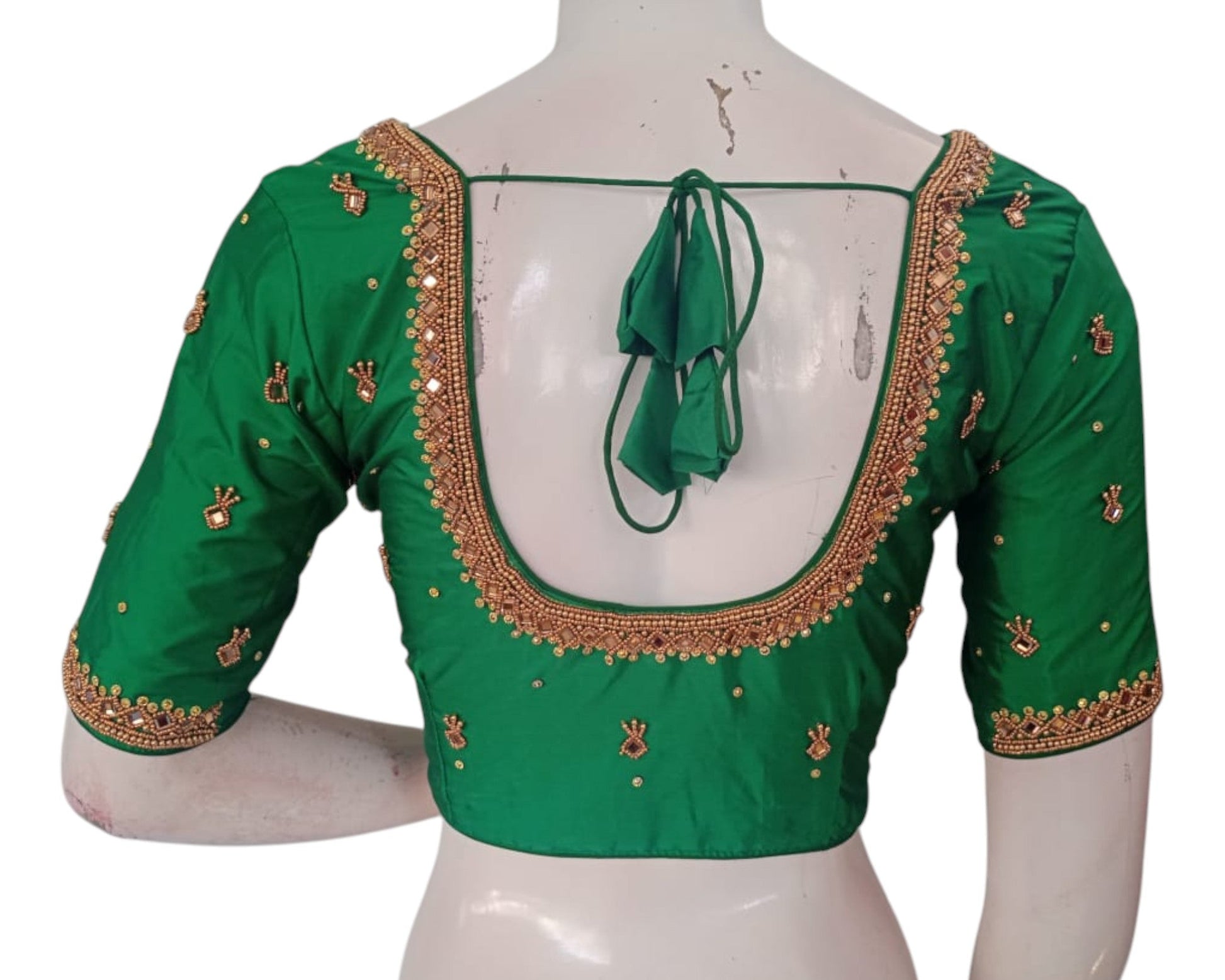Emerald Green Color Mirror Aari Handwork Silk Blouse - Wedding & Festive