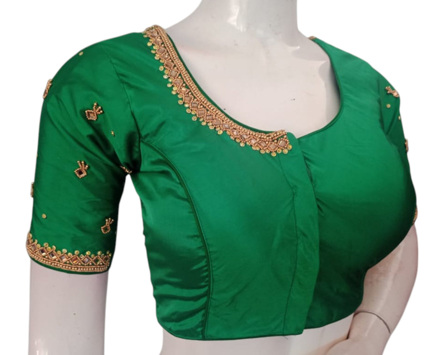 Emerald Green Color Mirror Aari Handwork Silk Blouse - Wedding & Festive