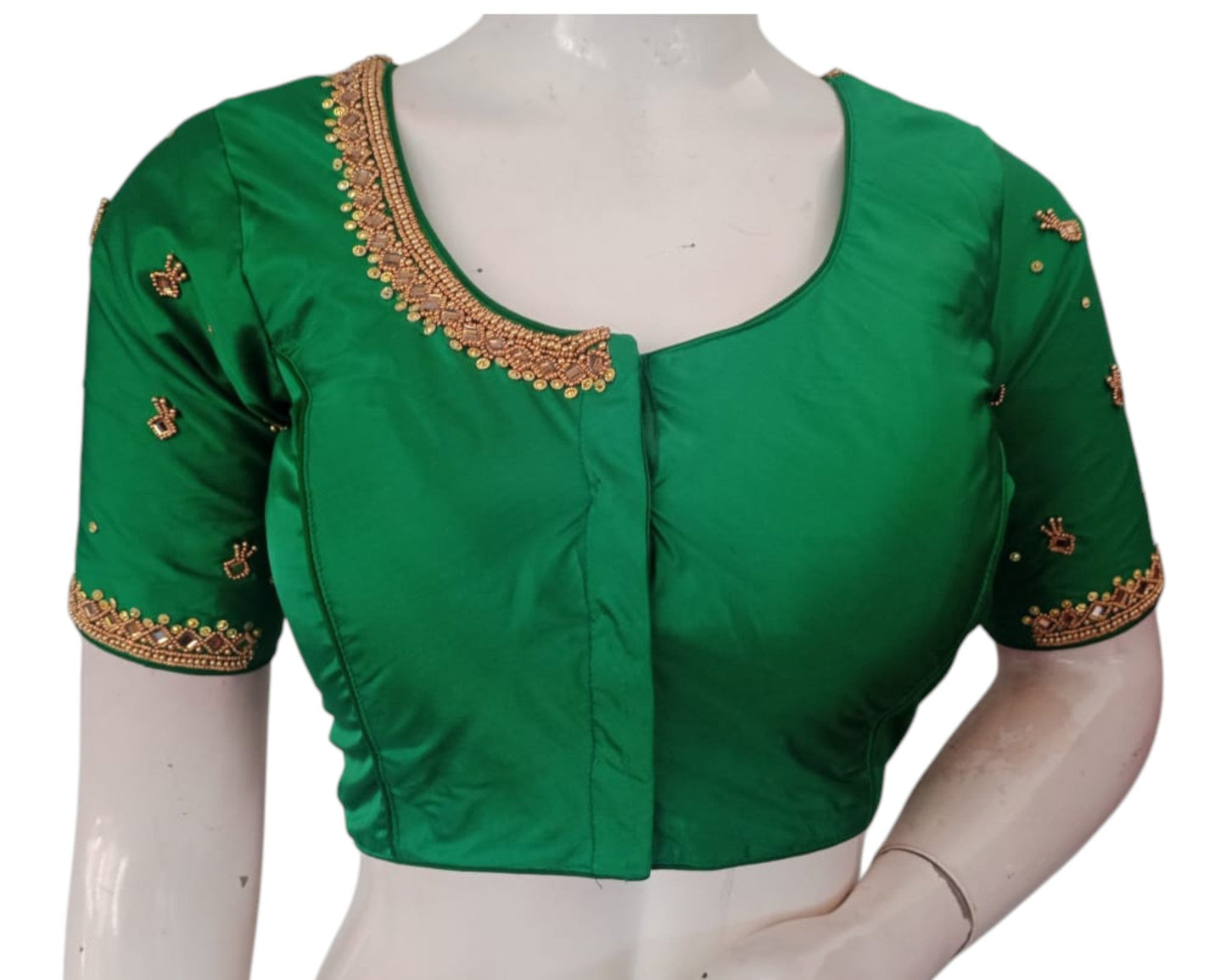 Emerald Green Color Mirror Aari Handwork Silk Blouse - Wedding & Festive