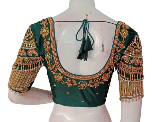 Elegant Dark Green Silk Blouse with Aari Handwork & Hanging Beads