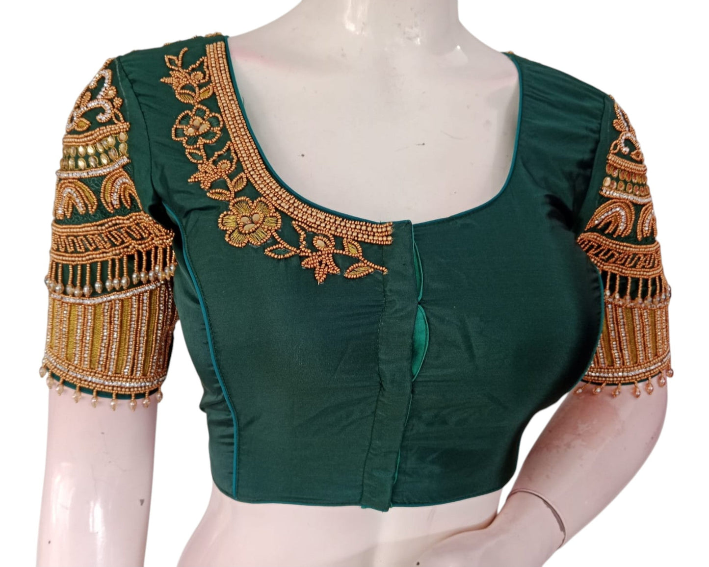 Elegant Dark Green Silk Blouse with Aari Handwork & Hanging Beads