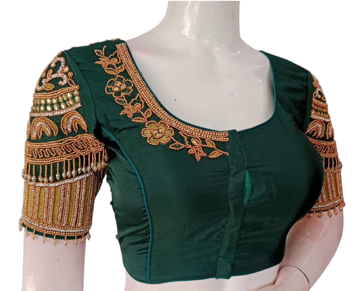 Elegant Dark Green Silk Blouse with Aari Handwork & Hanging Beads