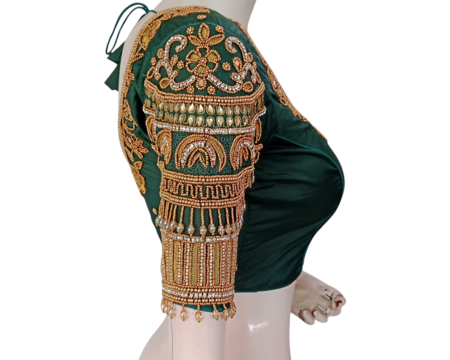 Elegant Dark Green Silk Blouse with Aari Handwork & Hanging Beads