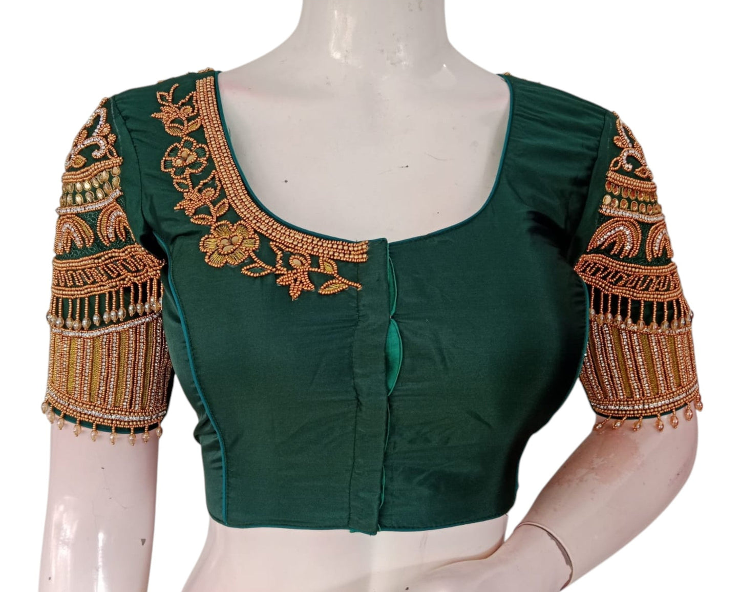 Elegant Dark Green Silk Blouse with Aari Handwork & Hanging Beads