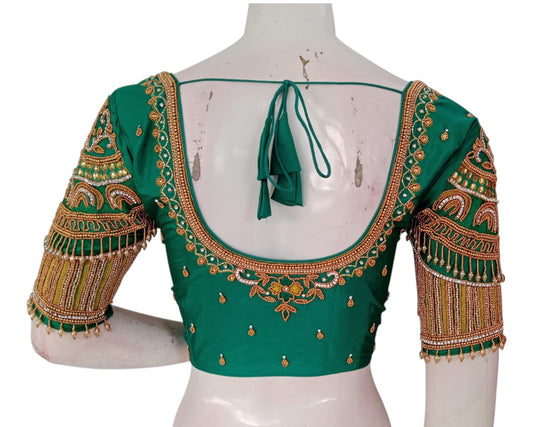 Dark Teal Green Silk Blouse with Aari & Hanging Bead Embellishments