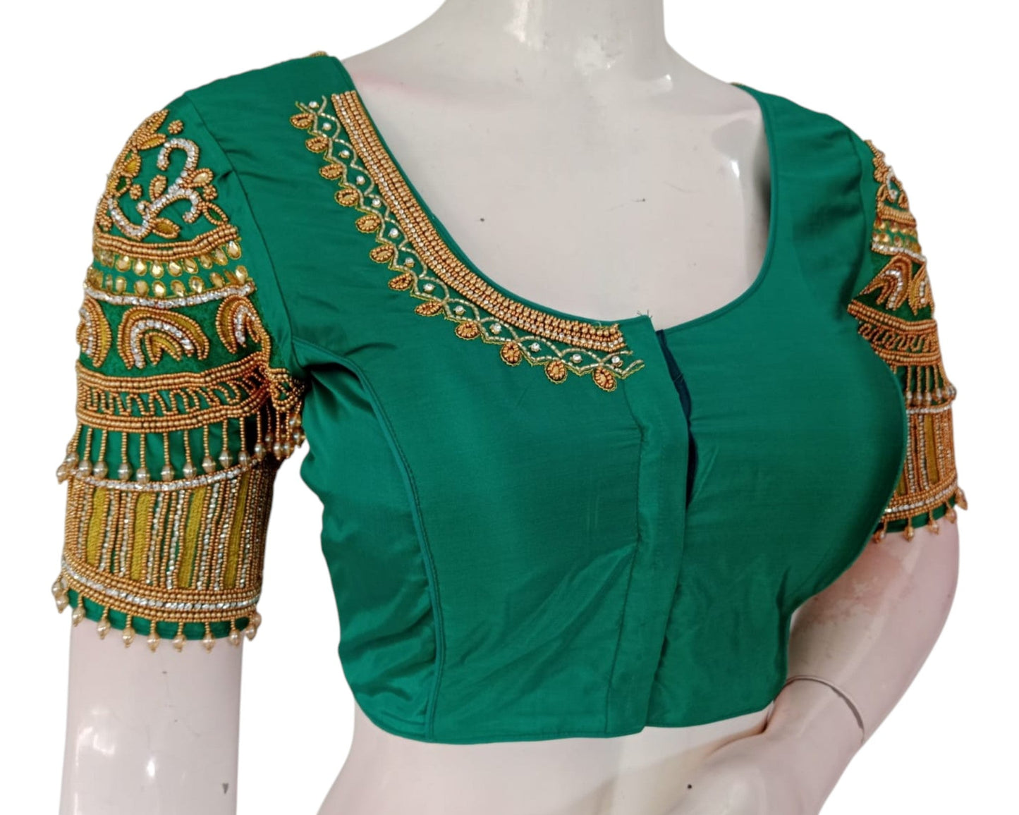 Dark Teal Green Silk Blouse with Aari & Hanging Bead Embellishments