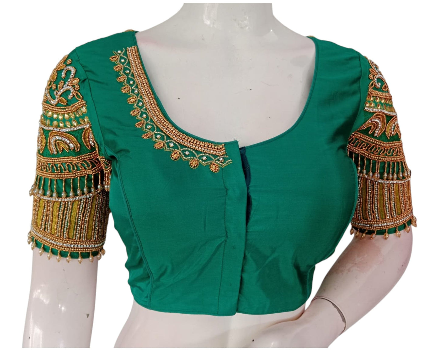 Dark Teal Green Silk Blouse with Aari & Hanging Bead Embellishments
