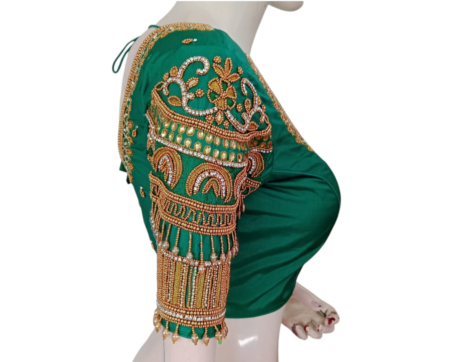 Dark Teal Green Silk Blouse with Aari & Hanging Bead Embellishments