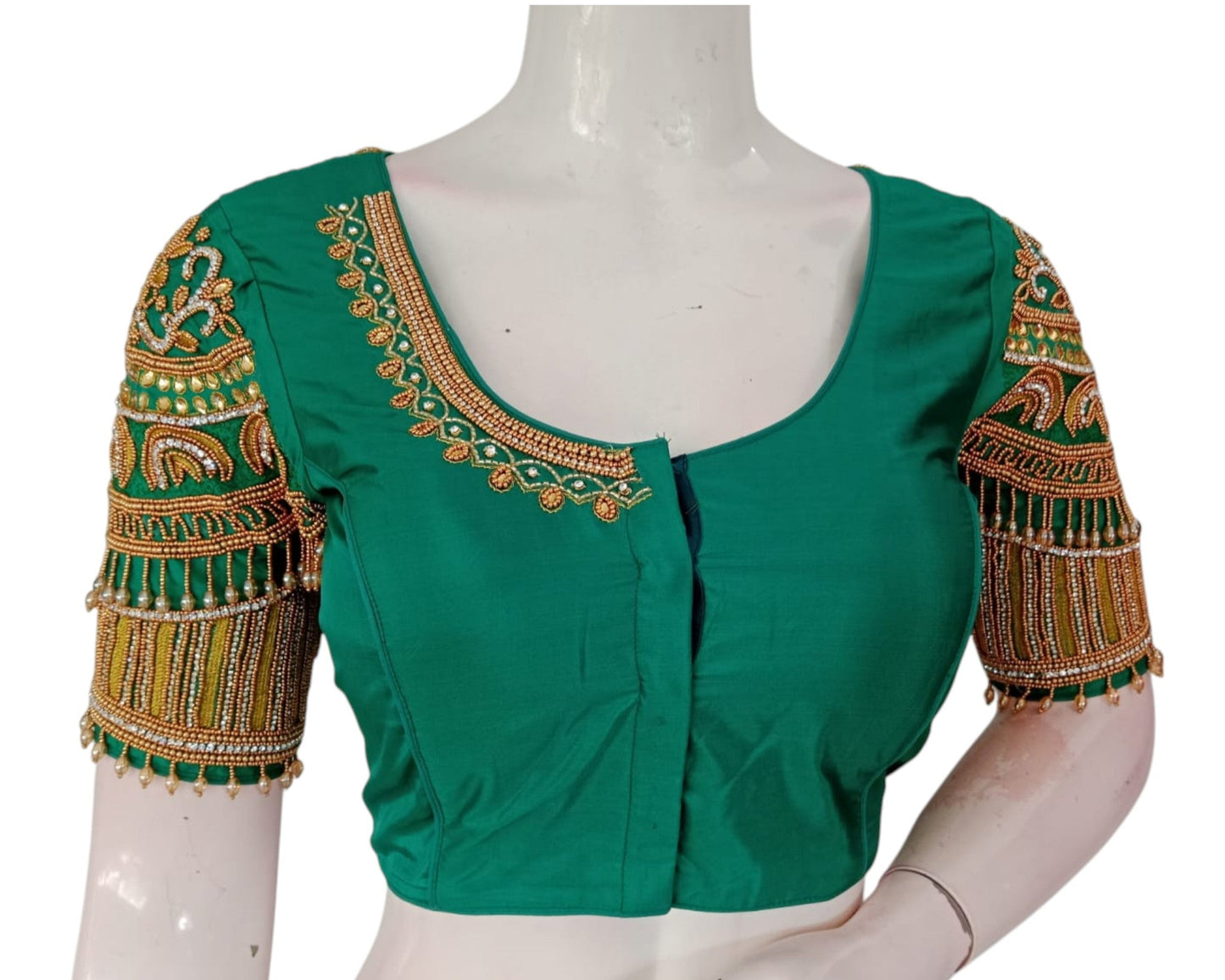 Dark Teal Green Silk Blouse with Aari & Hanging Bead Embellishments