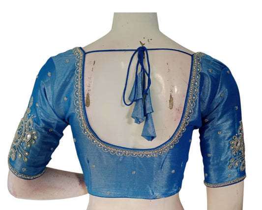 Stunning Blue Color Tissue Silk Silver Aari Handwork Bridal Blouse