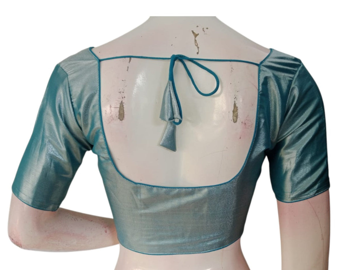 Elegant Teal Blue Color Plain Tissue Silk Readymade Saree Blouse