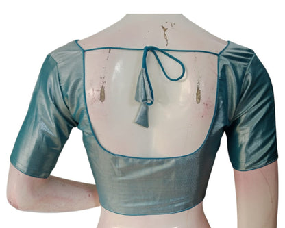 Elegant Teal Blue Color Plain Tissue Silk Readymade Saree Blouse