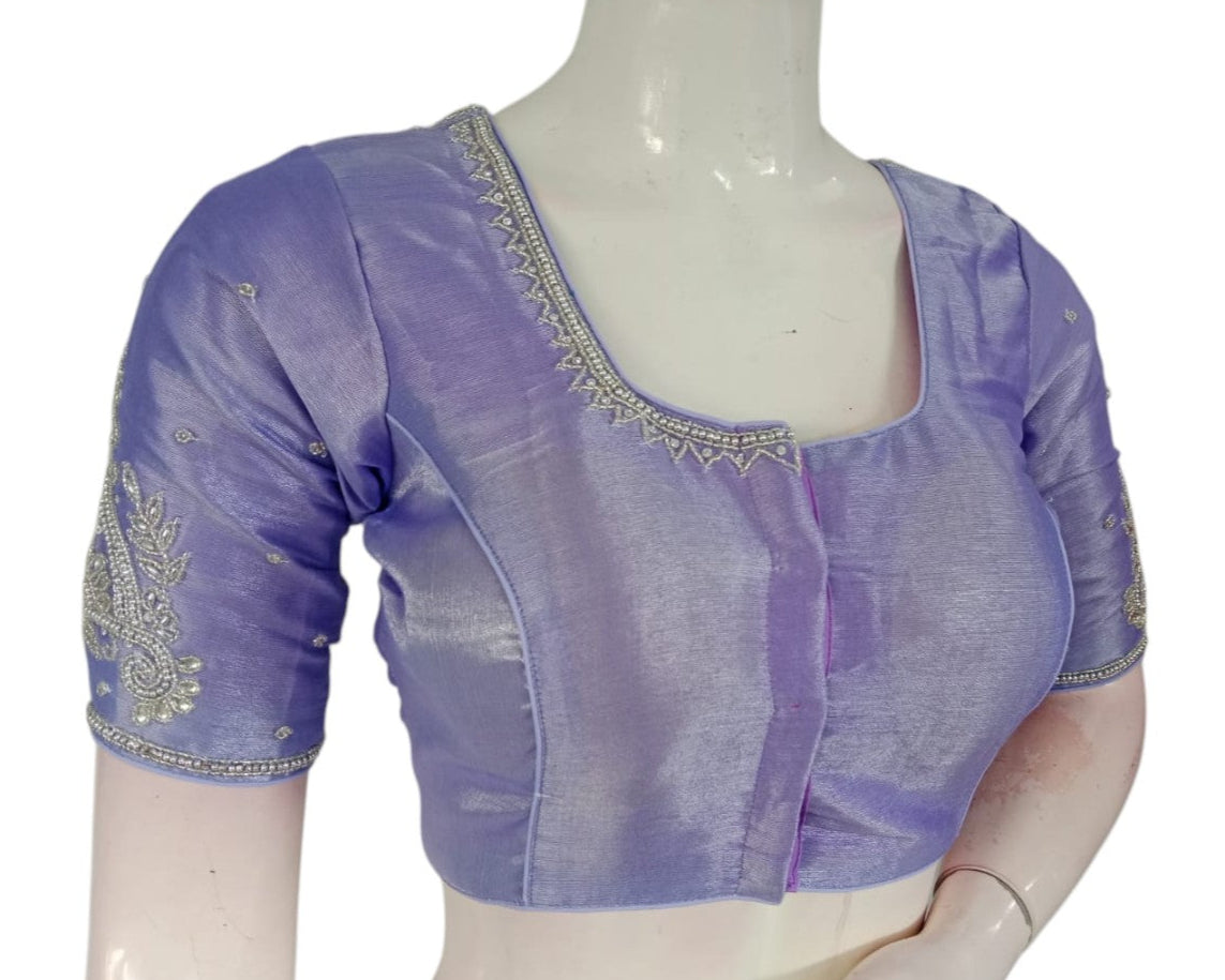 Lavender Color Tissue Silk Bridal Blouse with Silver Aari Handwork