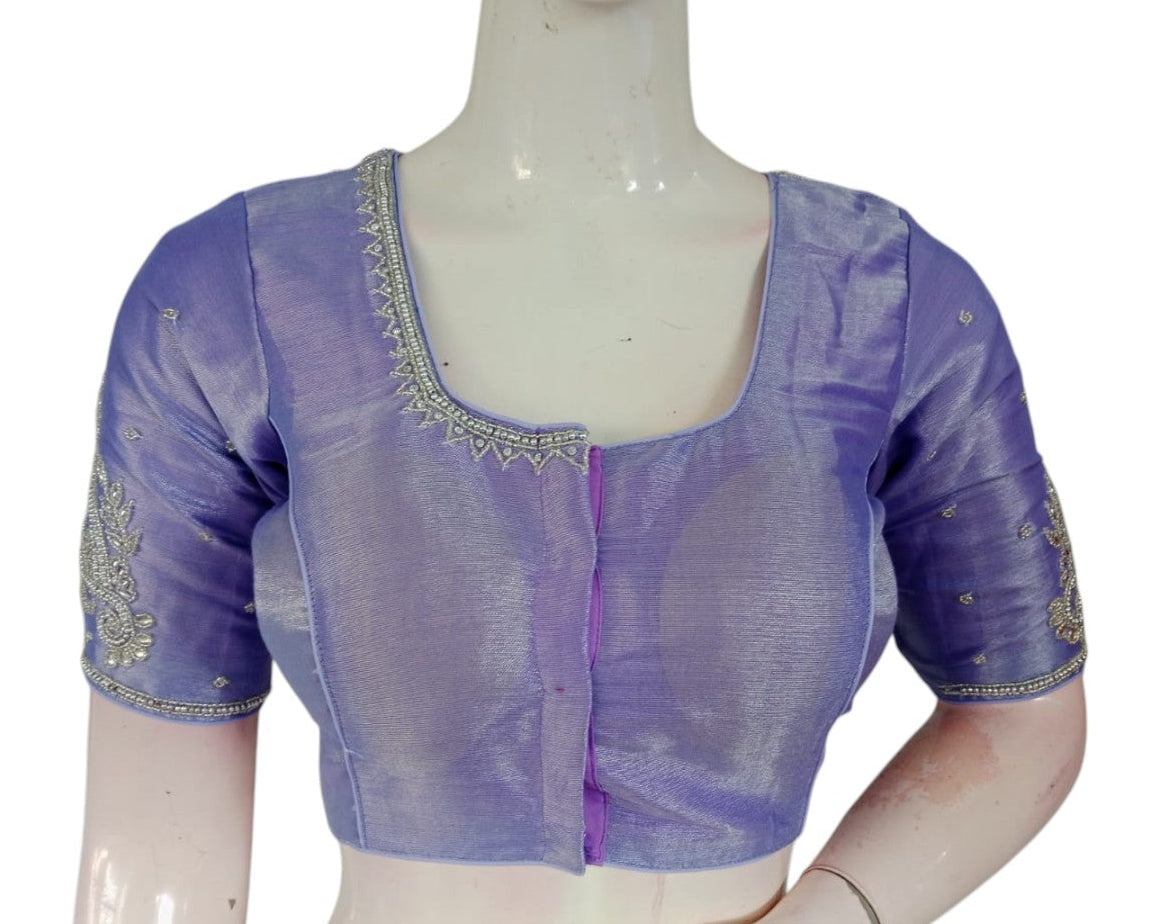 Lavender Color Tissue Silk Bridal Blouse with Silver Aari Handwork