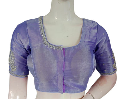 Lavender Color Tissue Silk Bridal Blouse with Silver Aari Handwork