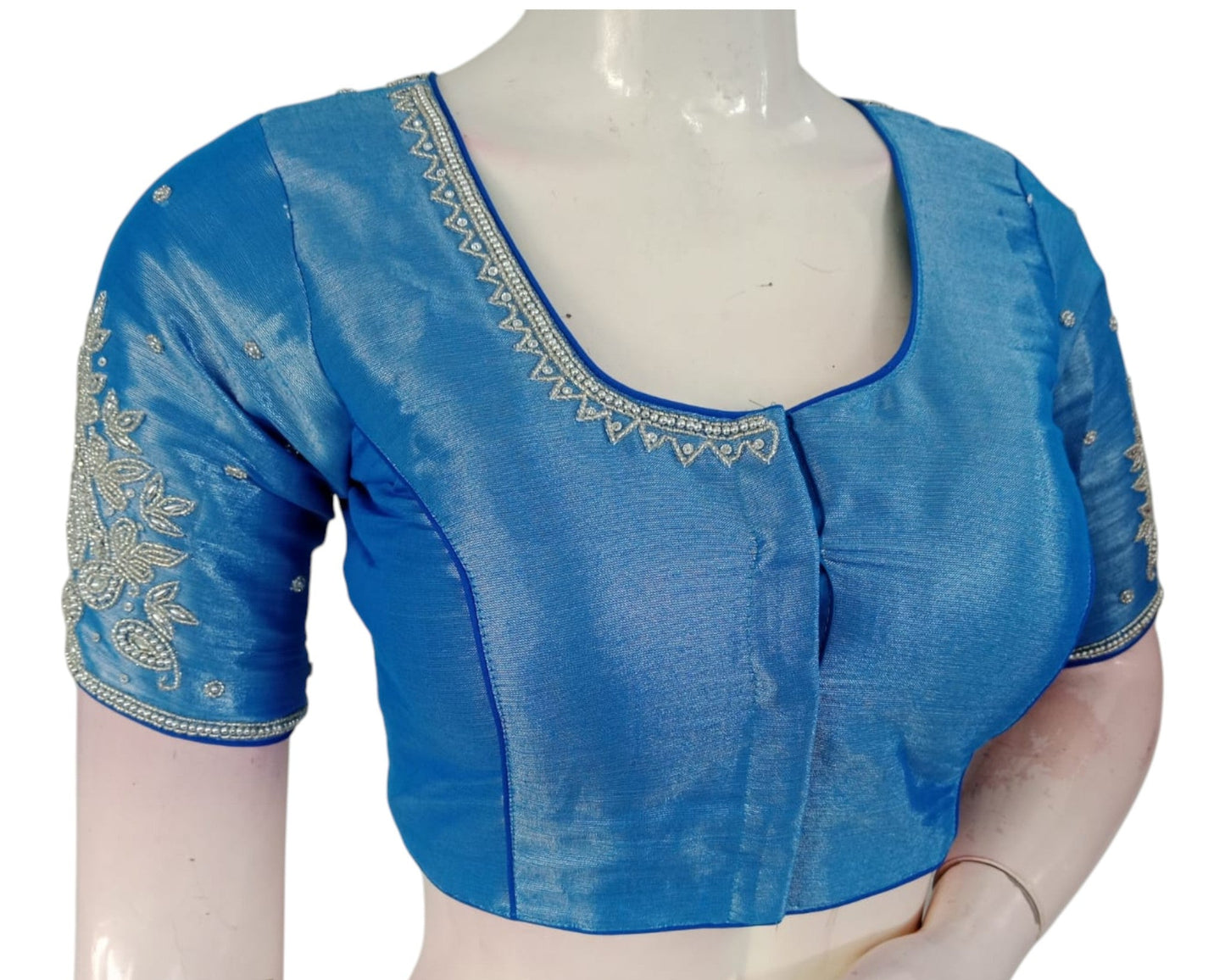 Bridal Blue Color Silk Saree Blouse with Silver Aari Handwork