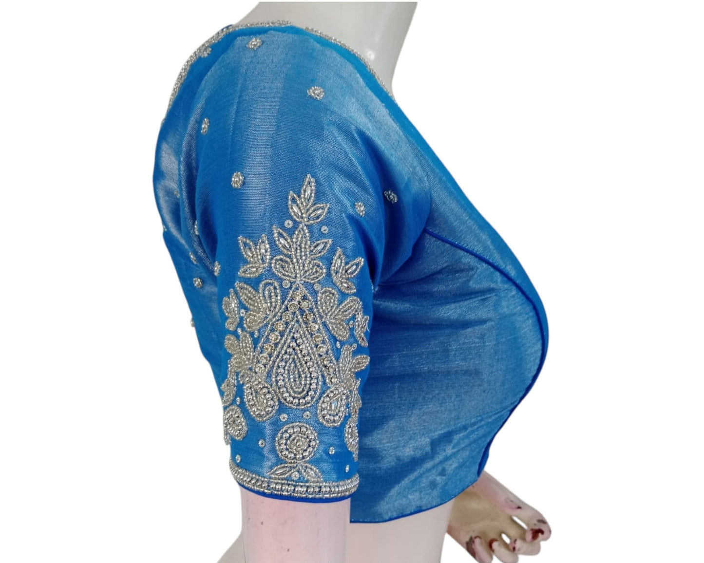 Bridal Blue Color Silk Saree Blouse with Silver Aari Handwork