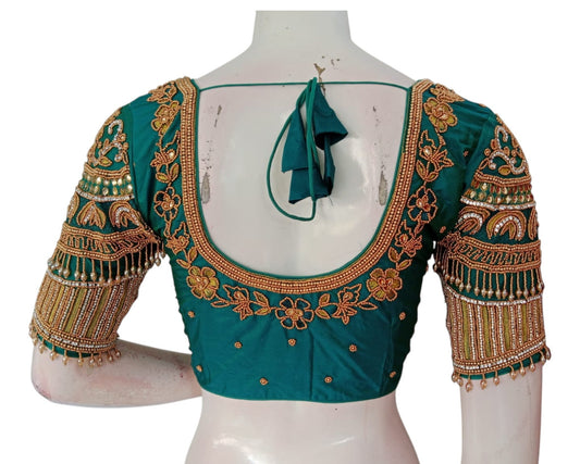 Luxurious Dark Teal Green Aari Handwork Wedding Silk Saree Blouse with Beaded Sleeves