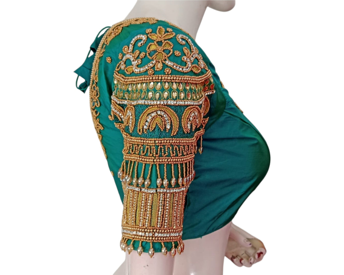 Luxurious Dark Teal Green Aari Handwork Wedding Silk Saree Blouse