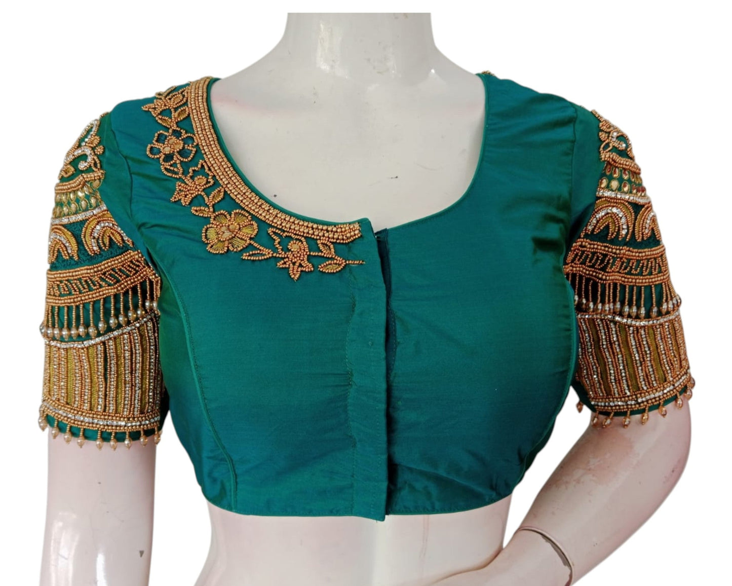 Luxurious Dark Teal Green Aari Handwork Wedding Silk Saree Blouse