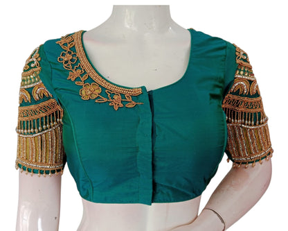 Luxurious Dark Teal Green Aari Handwork Wedding Silk Saree Blouse