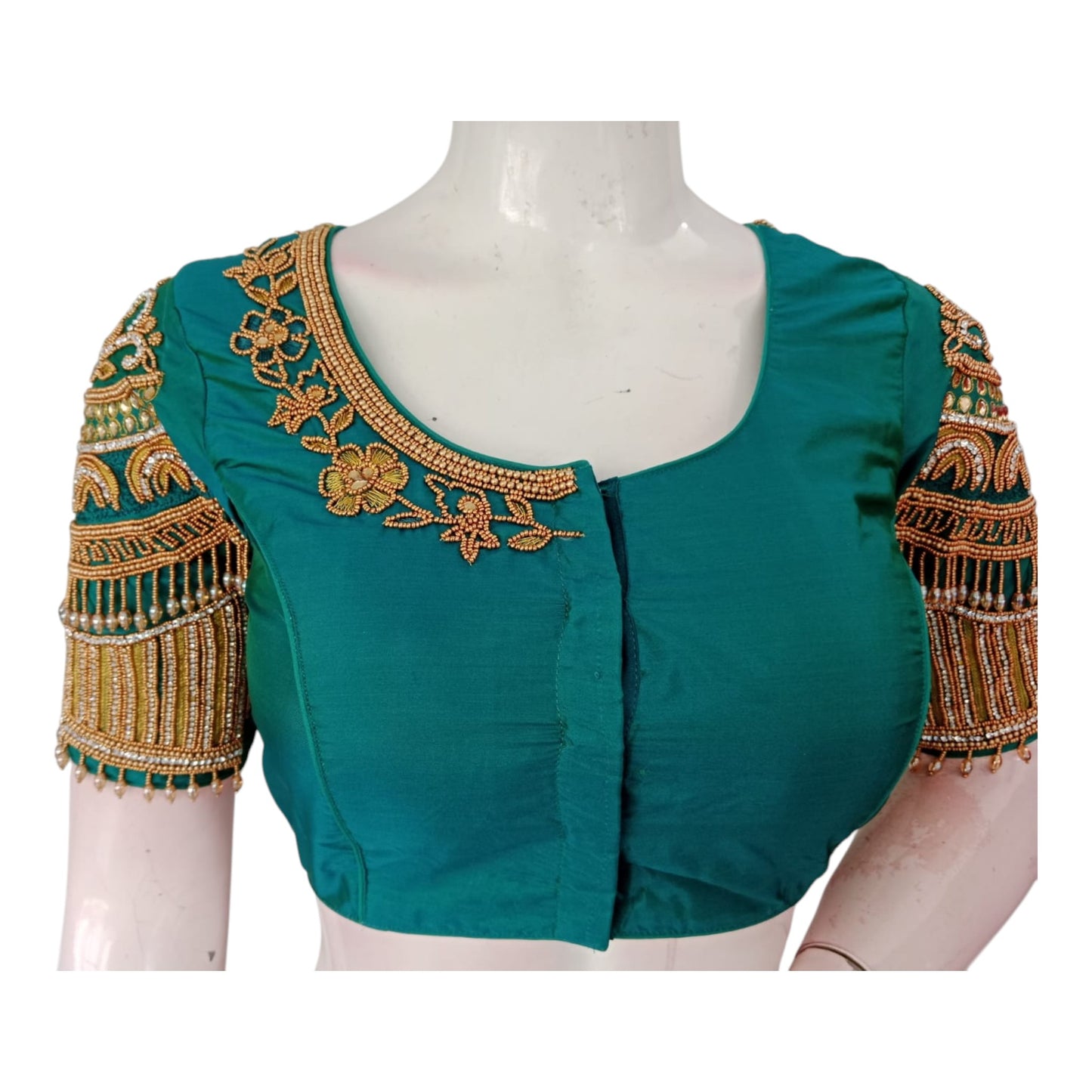 Luxurious Dark Teal Green Aari Handwork Wedding Silk Saree Blouse