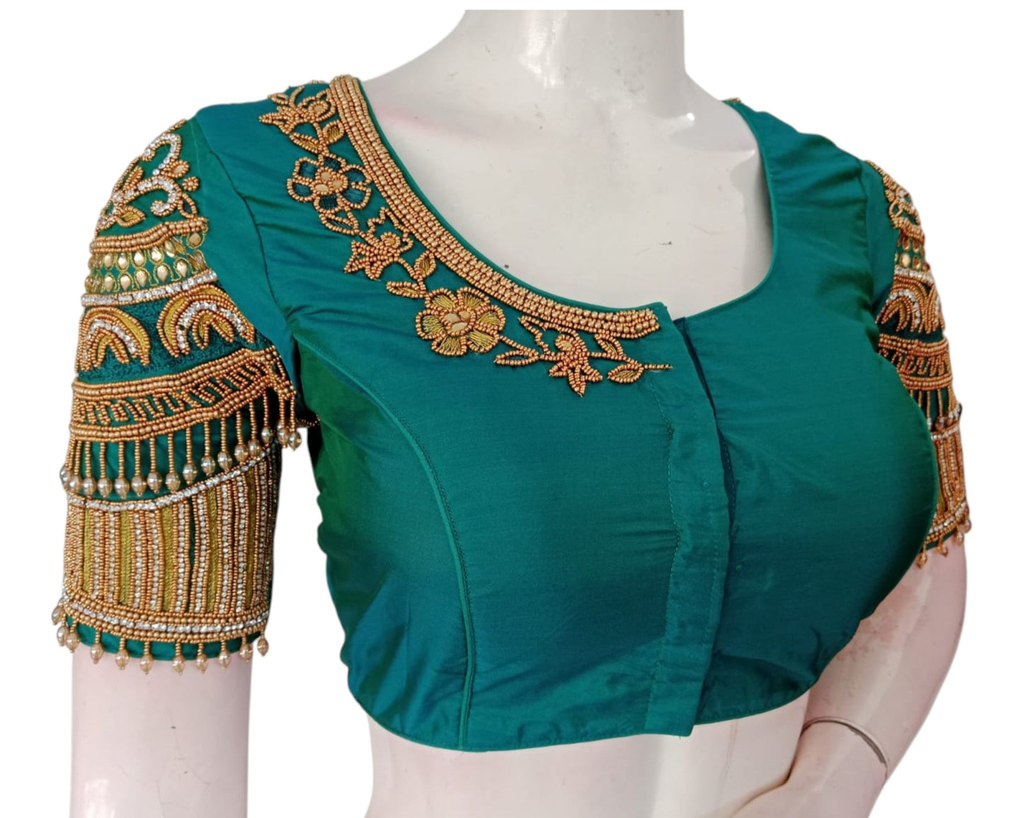 Luxurious Dark Teal Green Aari Handwork Wedding Silk Saree Blouse