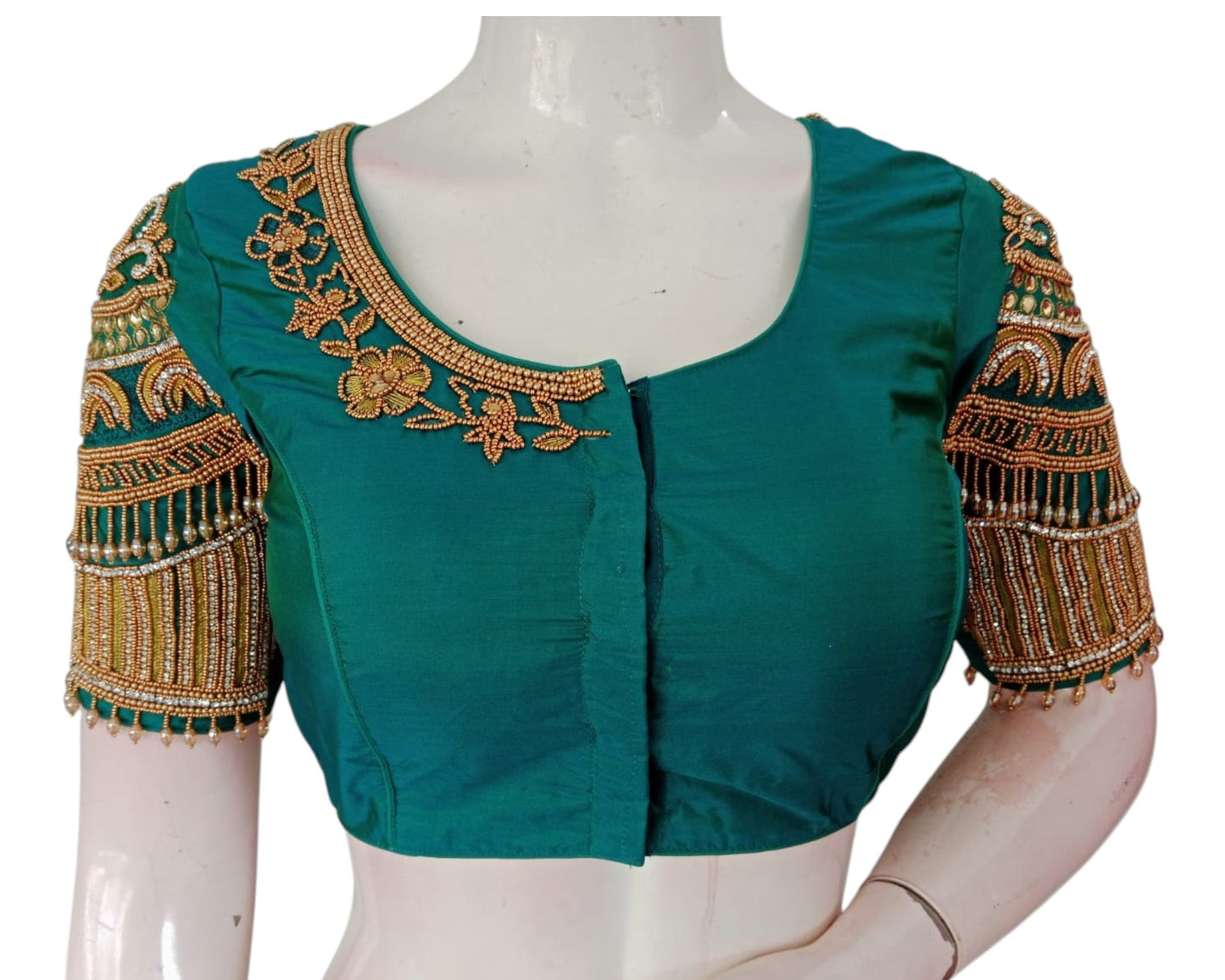 Luxurious Dark Teal Green Aari Handwork Wedding Silk Saree Blouse