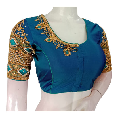 Sophisticated Dark Teal Blue Wedding Silk Saree Blouse - Handcrafted Elegance