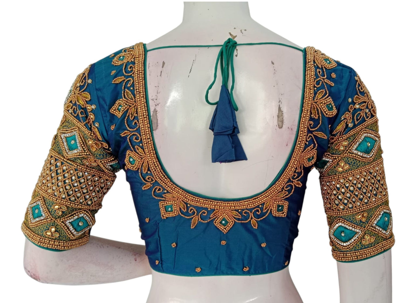 Sophisticated Dark Teal Blue Wedding Silk Saree Blouse - Handcrafted Elegance