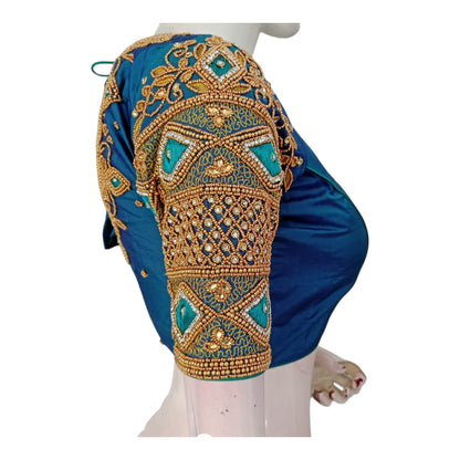 Sophisticated Dark Teal Blue Wedding Silk Saree Blouse - Handcrafted Elegance