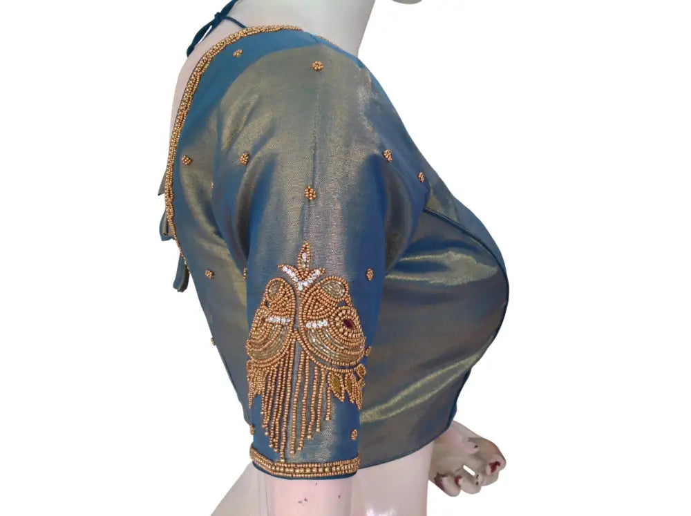 Aari Work Tissue Silk Readymade Blouse - Custom Colors (Princess Cut) Readymade Blouse - Teal blue / 34