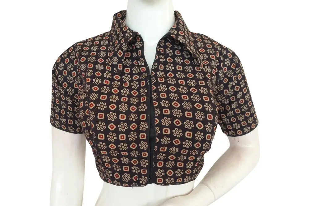 Ajrakh Cotton Hand Blocked Indian Saree Readymade Blouse - D3blouses