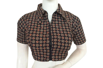 Ajrakh Cotton Hand Blocked Indian Saree Readymade Blouse - D3blouses