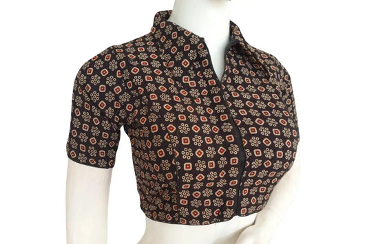 Ajrakh Cotton Hand Blocked Indian Saree Readymade Blouse - D3blouses
