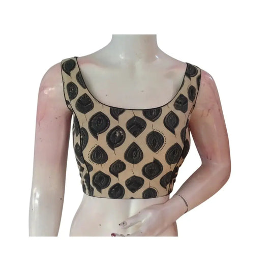 Artisan Beige Kalamkari Sleeveless Readymade Blouse - Subtle Sophistication - D3blouses