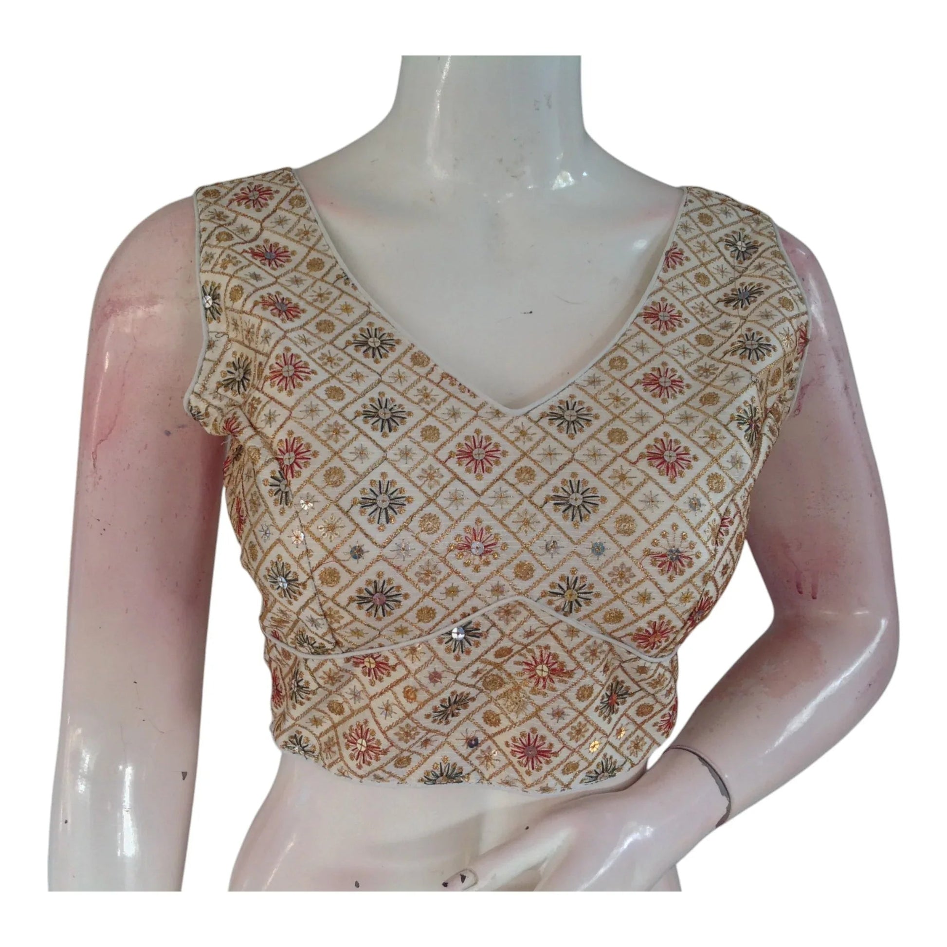 Artisan Crafted Off-White Color Floral Embroidery Semi-Silk Readymade Blouse - D3blouses