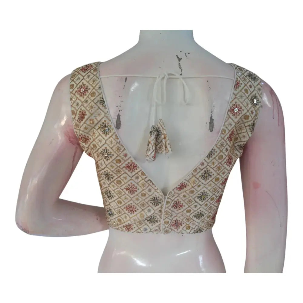 Artisan Crafted Off-White Color Floral Embroidery Semi-Silk Readymade Blouse - D3blouses
