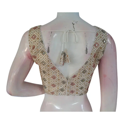 Artisan Crafted Off-White Color Floral Embroidery Semi-Silk Readymade Blouse - D3blouses