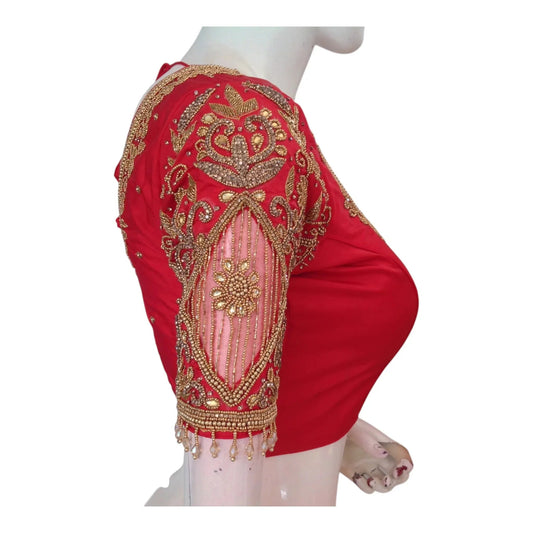 Auspicious Red Color Aari Handwork Wedding Silk Saree Blouse - Elegant - D3blouses