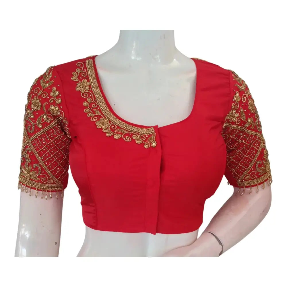 Auspicious Red Color Aari Handwork Wedding Silk Saree Blouse - Elegant - D3blouses