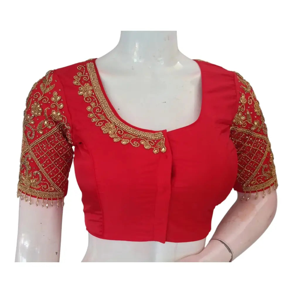 Auspicious Red Color Aari Handwork Wedding Silk Saree Blouse - Elegant - D3blouses