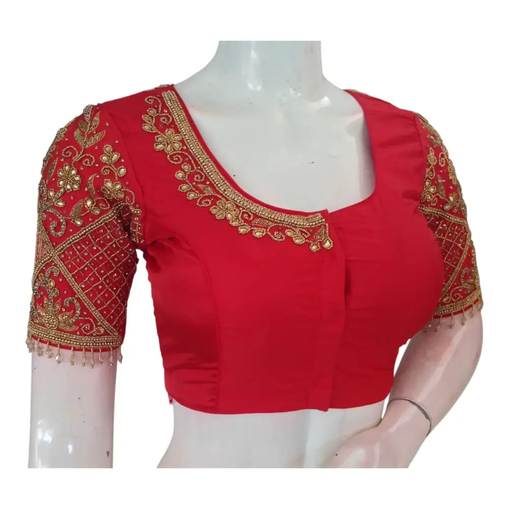 Auspicious Red Color Aari Handwork Wedding Silk Saree Blouse - Elegant - D3blouses