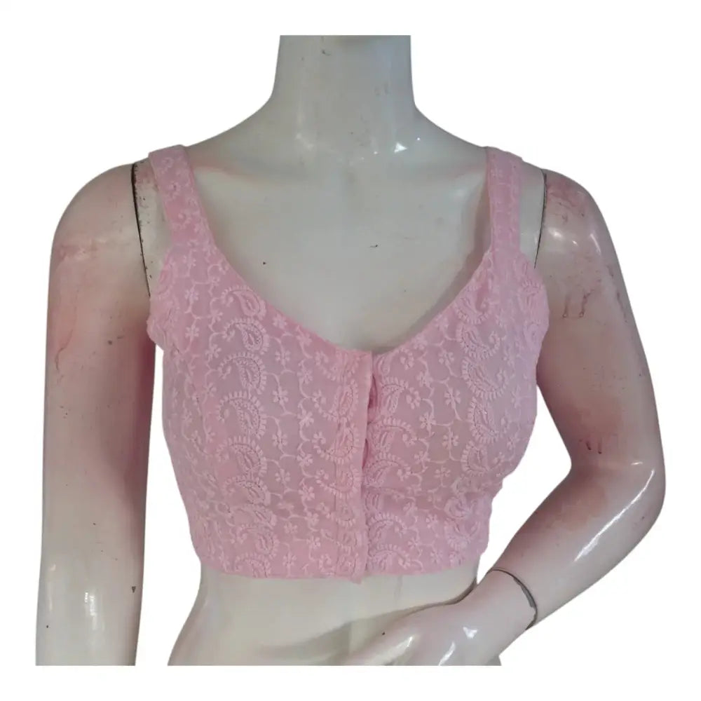 Baby Pink Chikankari Spaghetti Sleeveless Designer Readymade Saree Blouse - D3blouses