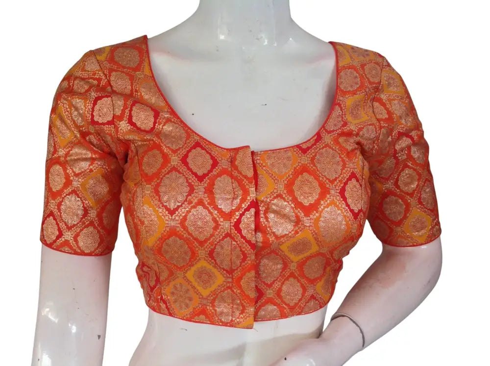 Banarasi Brocade Art Silk Readymade Blouse - Assorted Festive Colors (Princess Cut) Readymade Blouse - Orange / 34