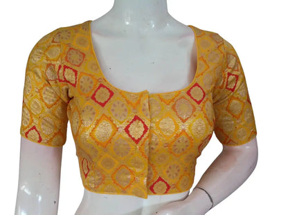 Banarasi Brocade Art Silk Readymade Blouse - Assorted Festive Colors (Princess Cut) Readymade Blouse - Mustard / 34