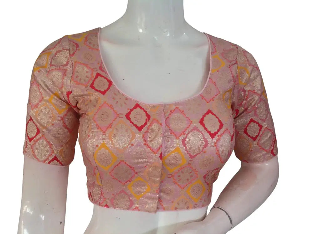 Banarasi Brocade Art Silk Readymade Blouse - Assorted Festive Colors (Princess Cut) Readymade Blouse - baby pink / 34