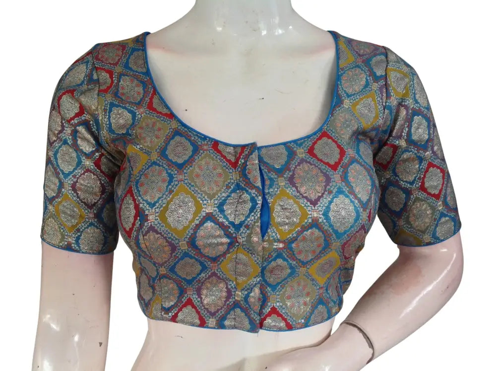 Banarasi Brocade Art Silk Readymade Blouse - Assorted Festive Colors (Princess Cut) Readymade Blouse - Blue / 34