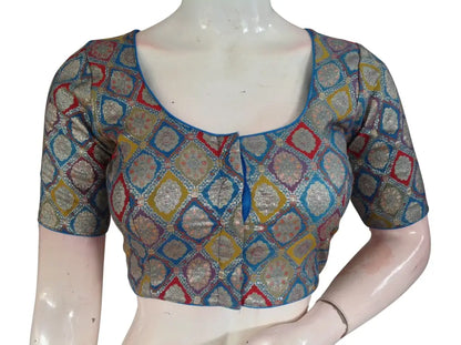Banarasi Brocade Art Silk Readymade Blouse - Assorted Festive Colors (Princess Cut) Readymade Blouse - Blue / 34